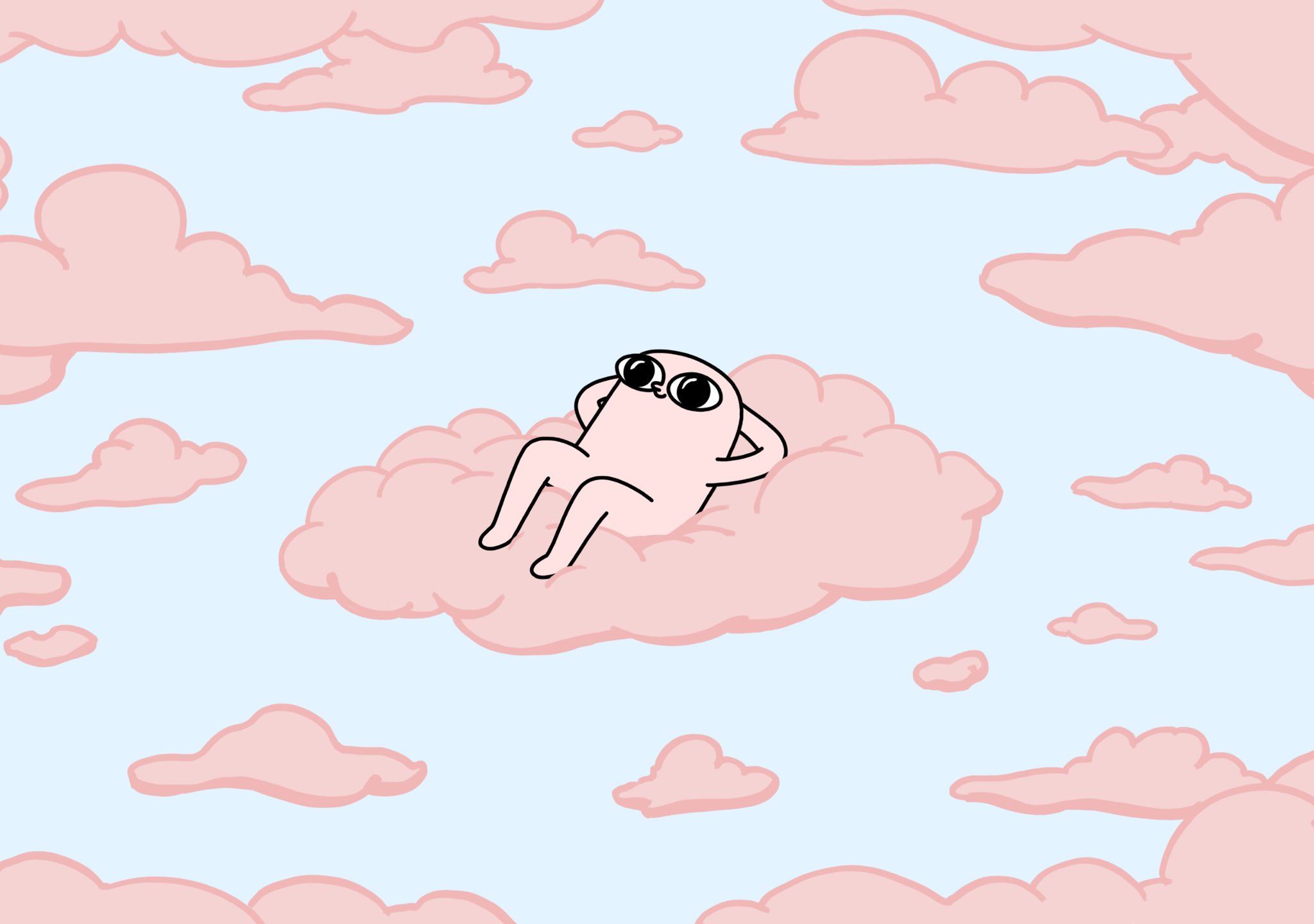 A cartoon character is sitting on top of the clouds - Funny, laptop, cute, pretty