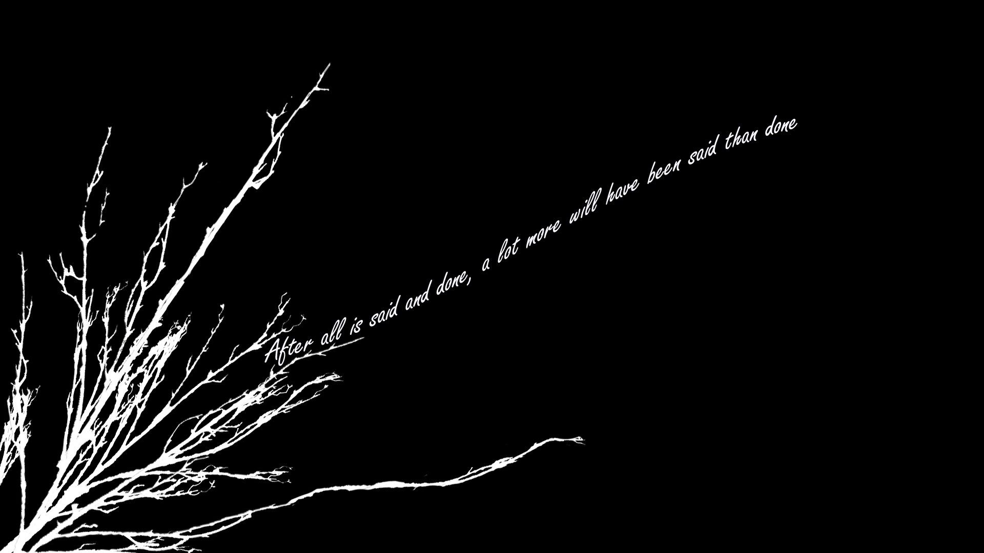 A black and white photo of branches with writing - Black, black quotes, dark