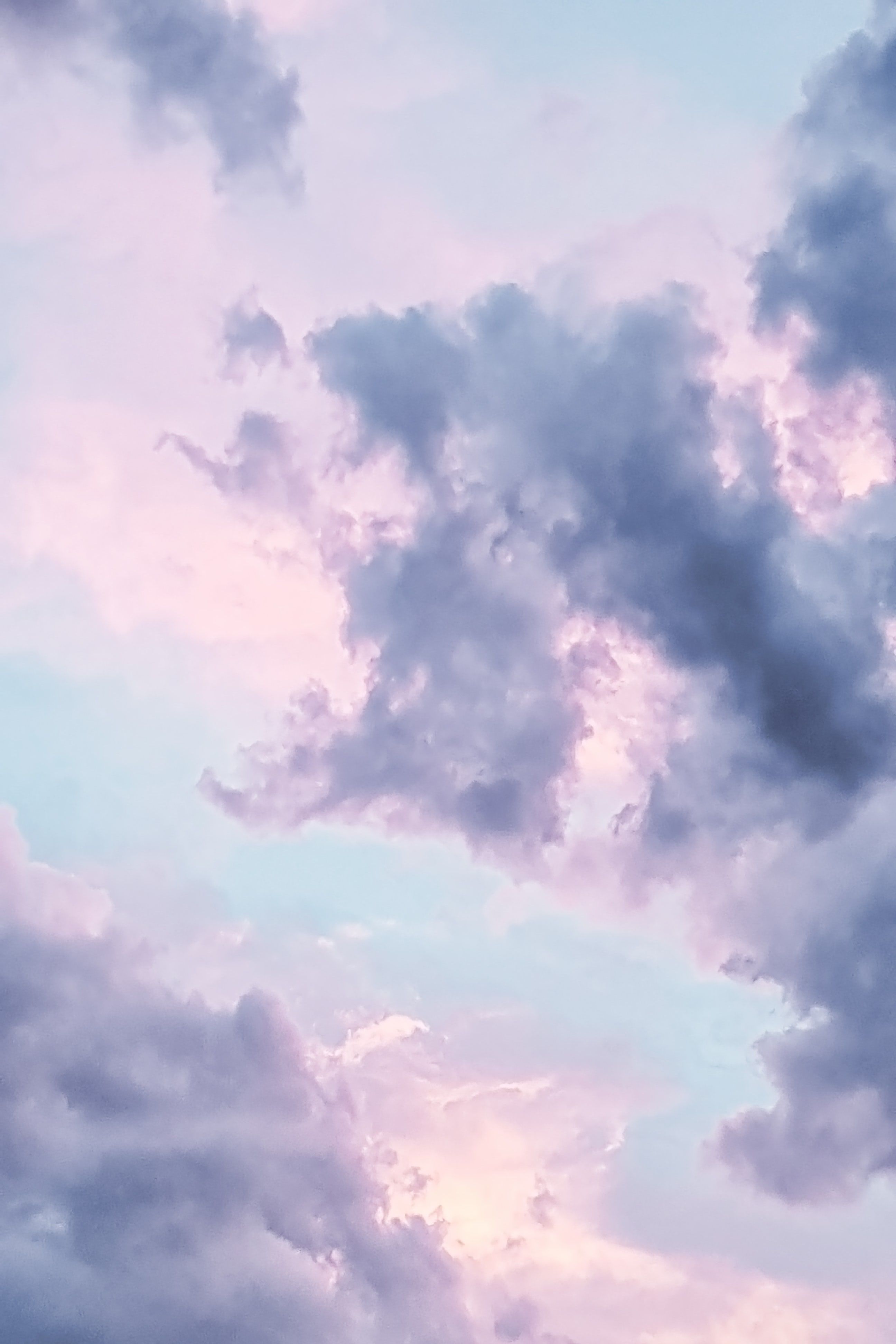 A plane flying through the clouds at sunset - Pastel blue, cute, beautiful, calming, cloud, vintage clouds, phone, iPhone, pink phone, peace, pastel rainbow, night, pastel