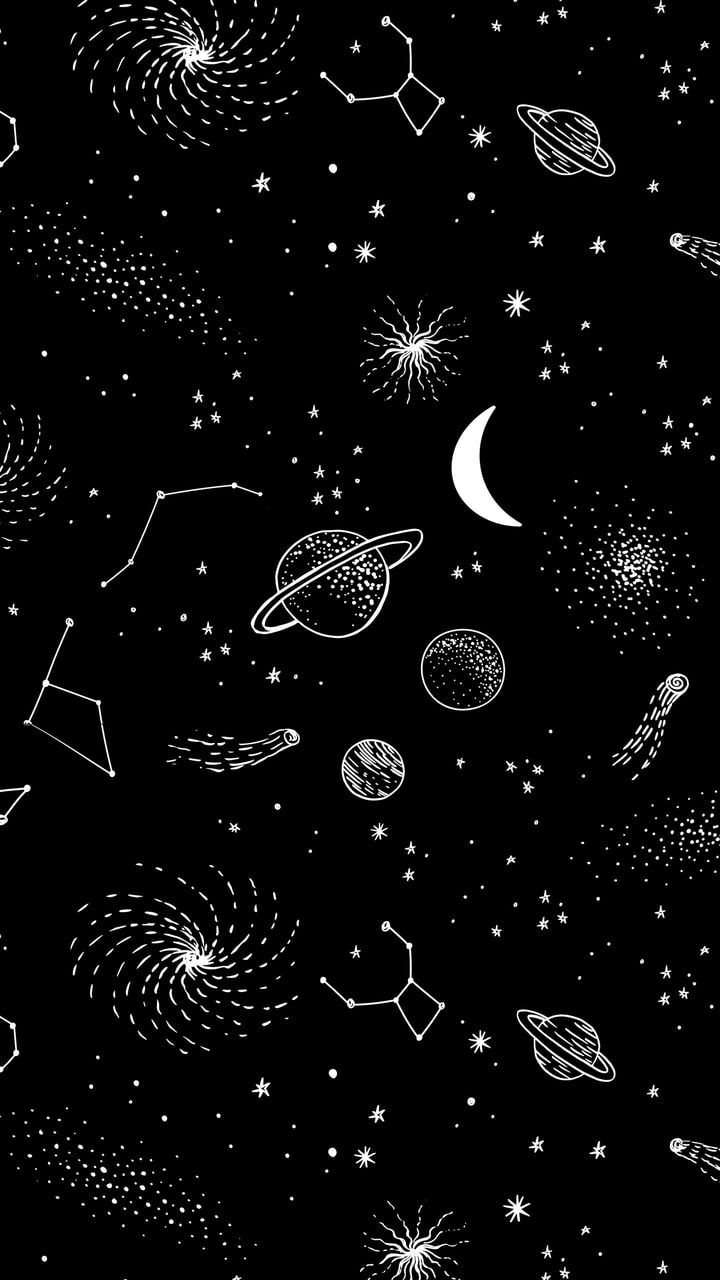 A black and white pattern with stars, planets - Black, Saturn, space, planet