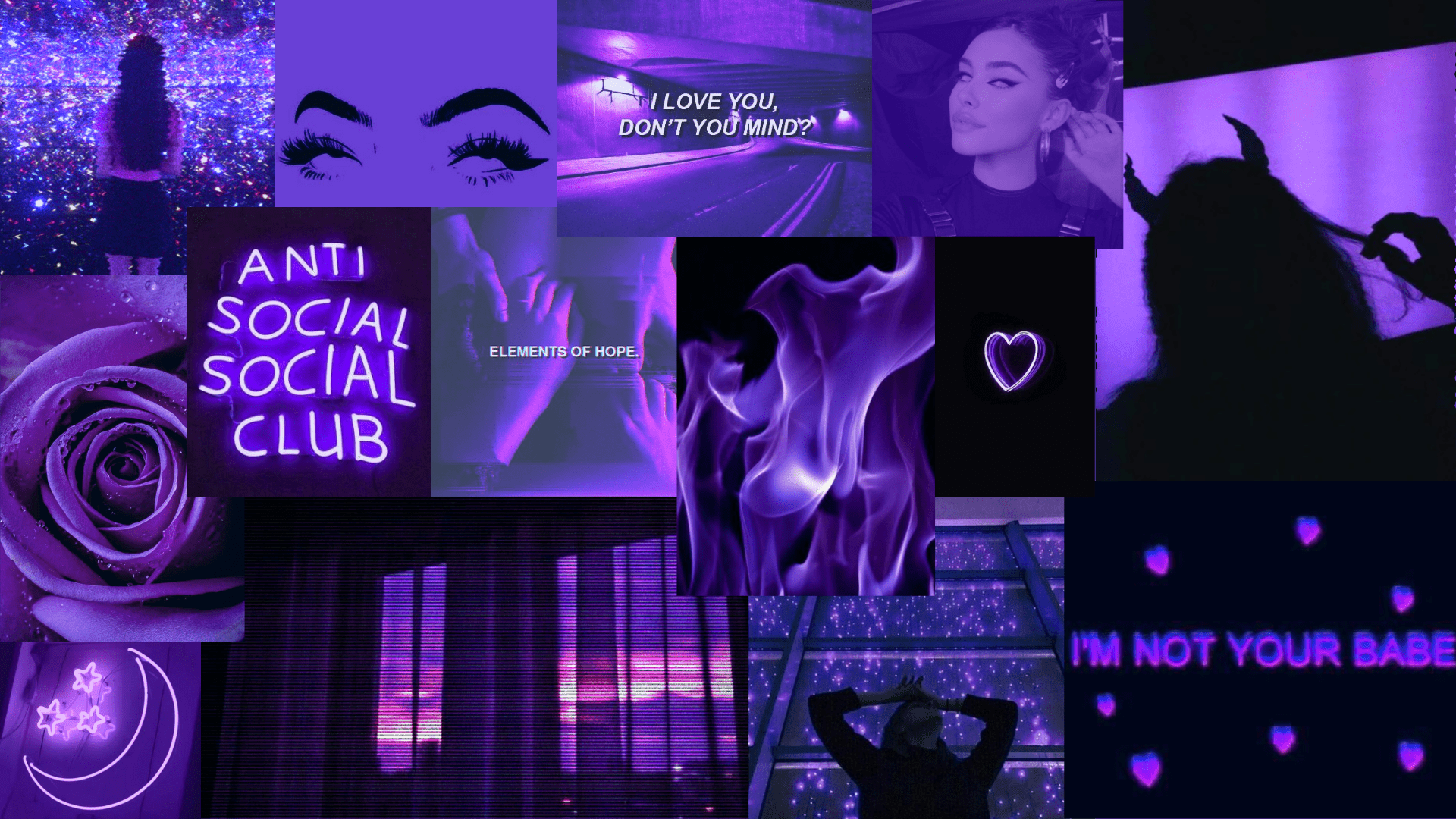 A collage of purple images with the words anti social club - Neon purple, purple