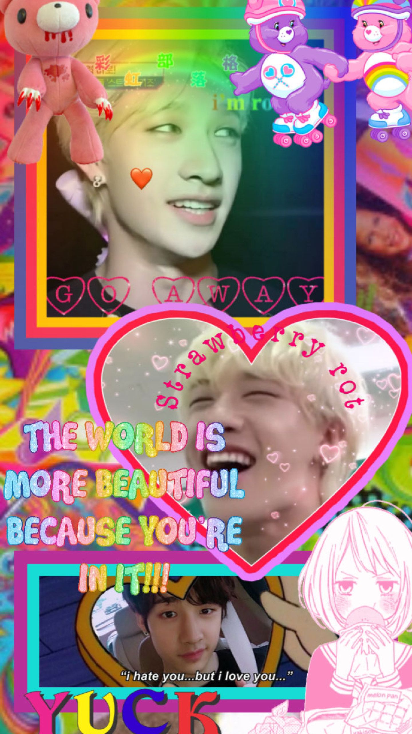 A collage of images of Jimin from BTS, surrounded by hearts and positive messages. - Cute, kidcore
