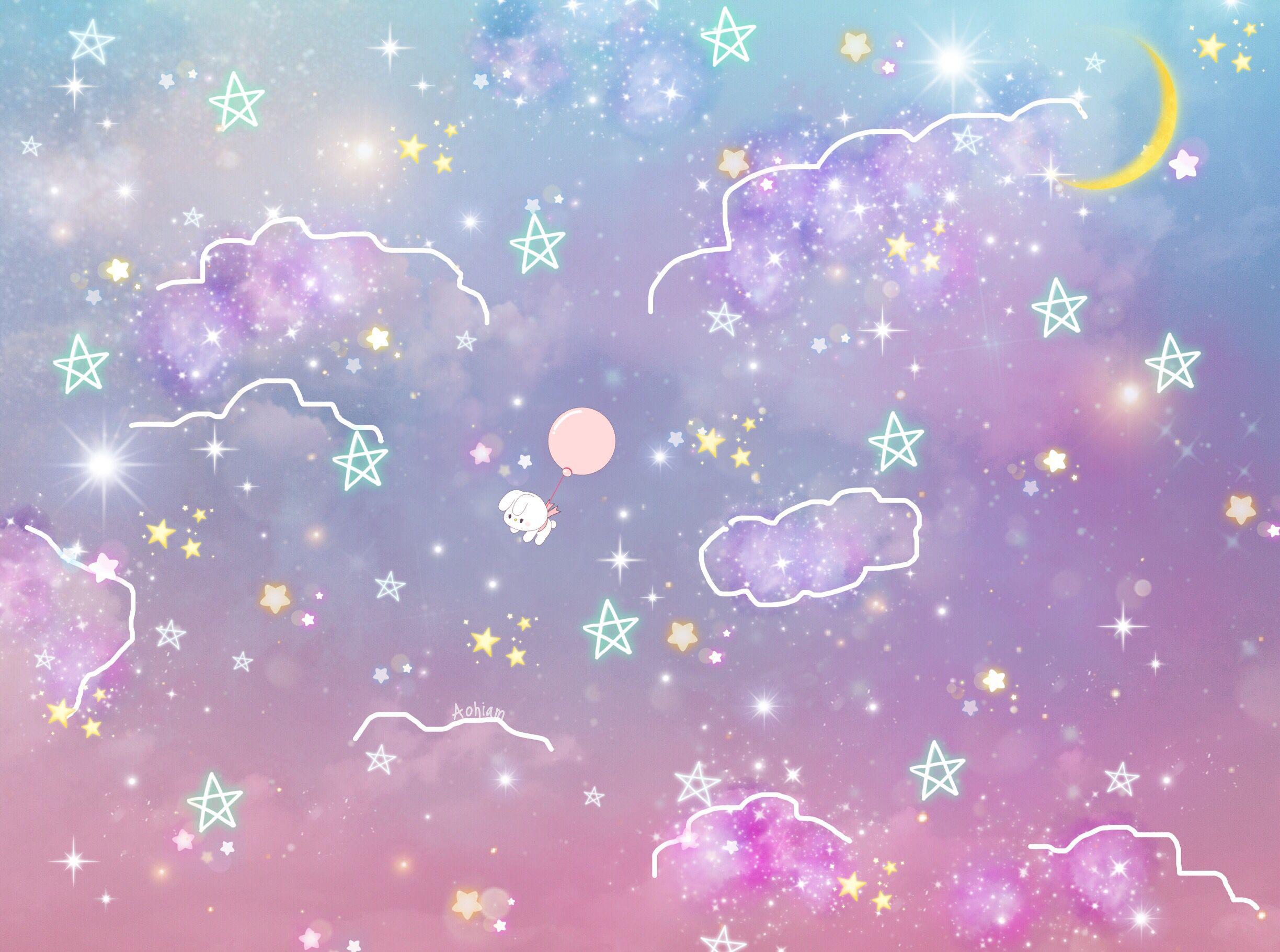 A cute kitten is flying through the sky - Pastel, doodles, pastel purple, pretty, violet, light pink, cute, cute purple