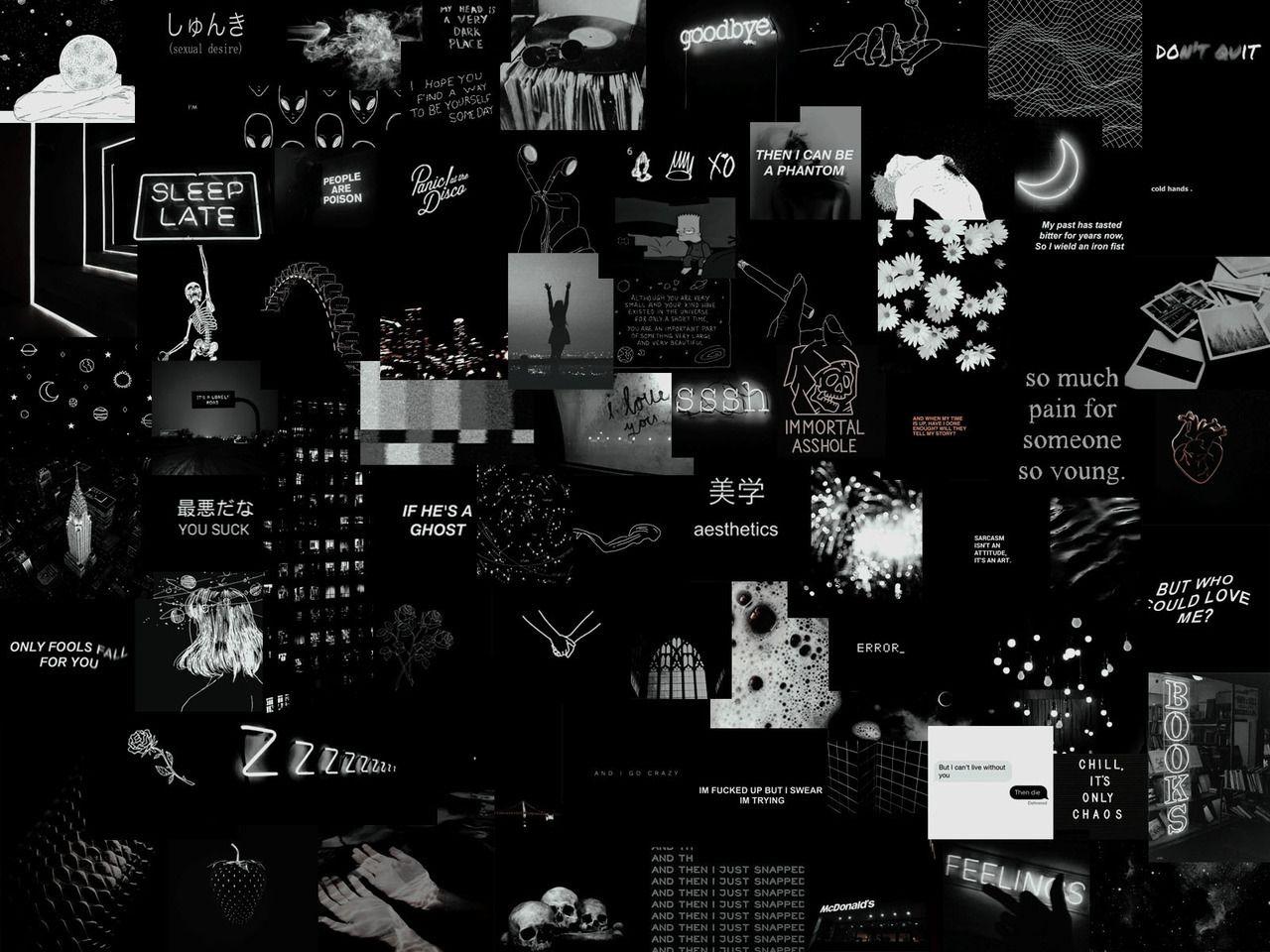Black aesthetic wallpaper collage for desktop background. - Emo, desktop, dark, laptop, grunge, computer, black quotes, technology, black, black and white, collage, gothic