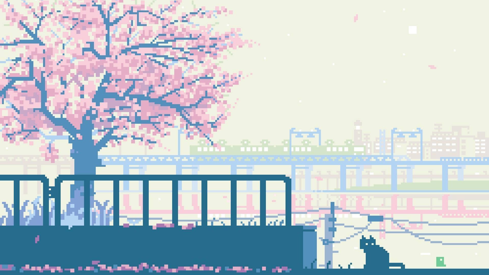A man sitting on the grass underneath some trees - Kawaii, Japan, pixel art, cute, Korean, Japanese, colorful, anime, anime landscape