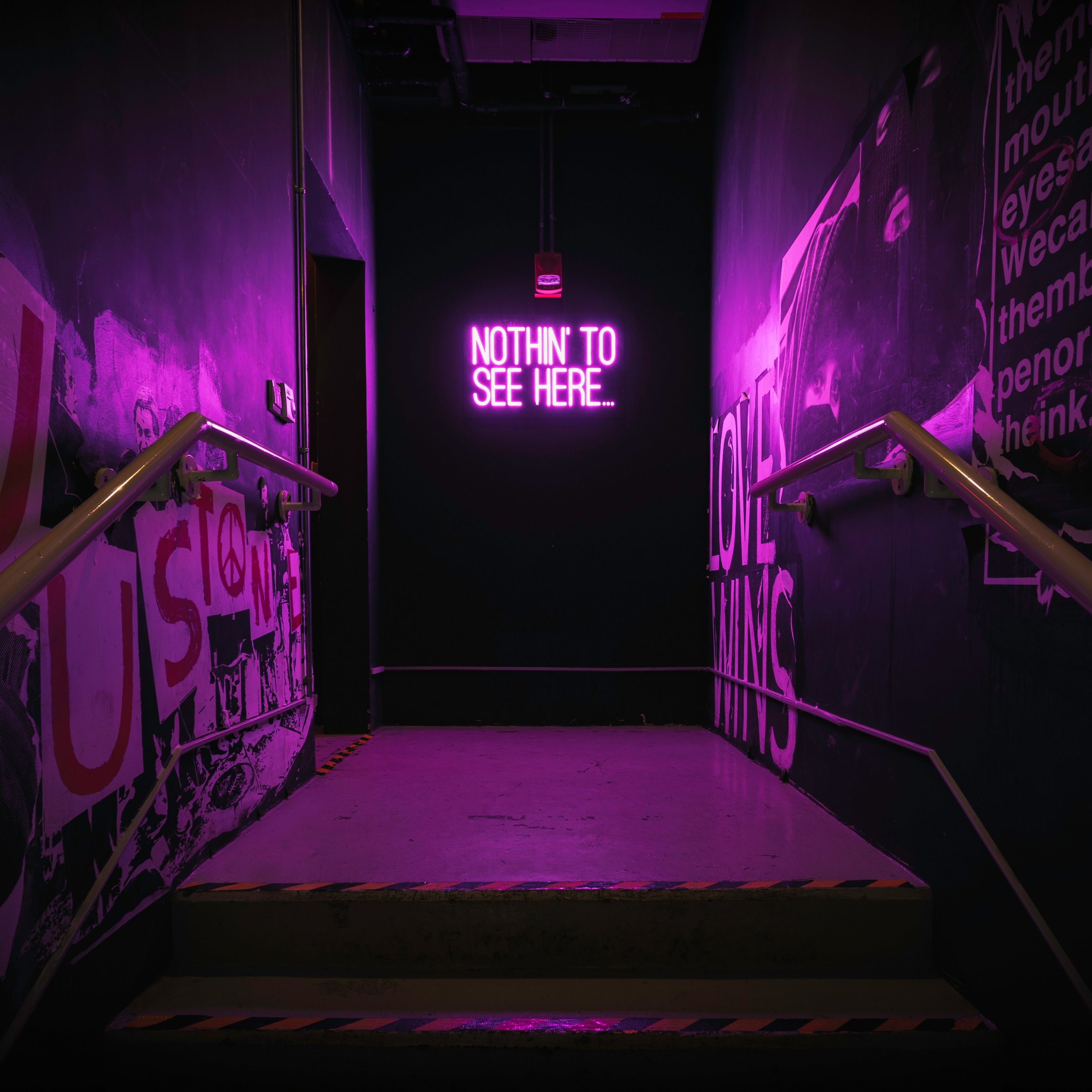Nothing to See Here Wallpaper 4K, Neon sign, Stairway, Quotes