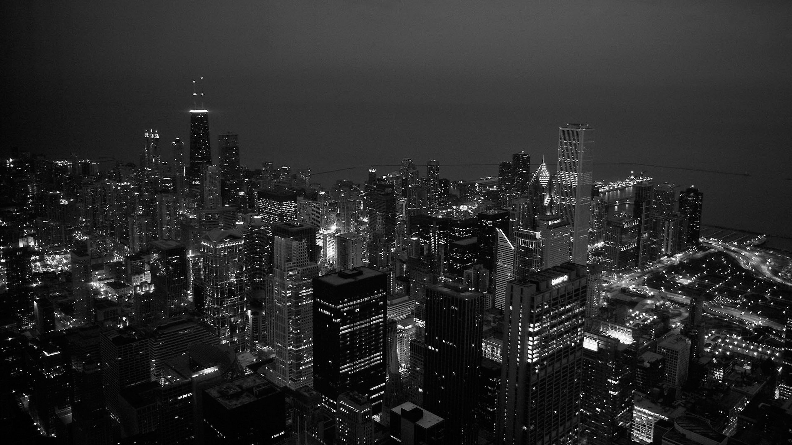 A black and white photo of the Chicago skyline at night. - Chicago, city, black and white, cityscape, black, skyline, dark, gray