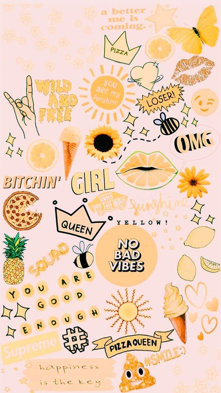 A poster with stickers and drawings on it - VSCO, birthday, happy, yellow, cute, pizza