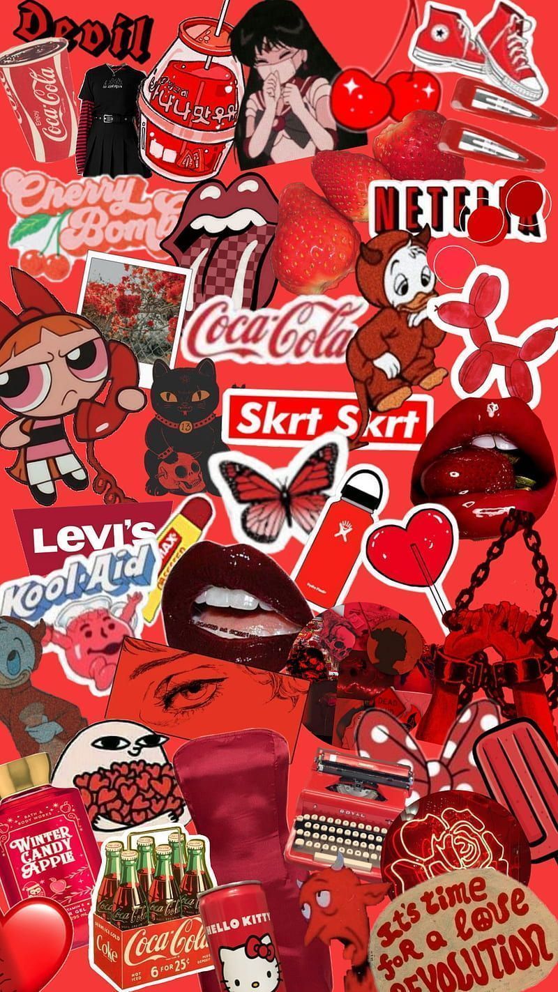Aesthetic red background with stickers - Preppy, cute, red, cool, Aries, illustration