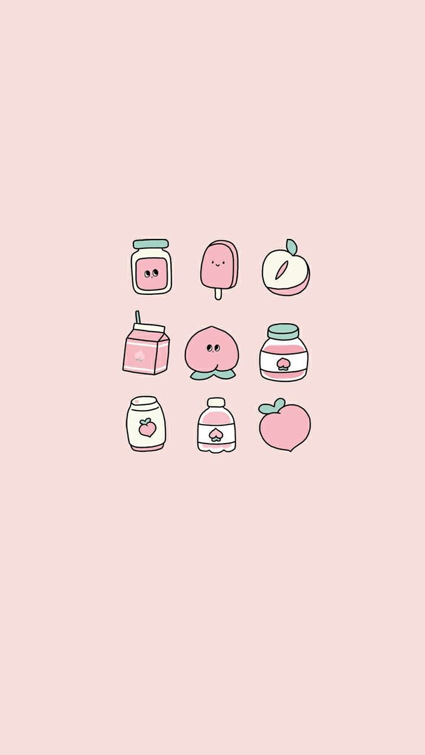 Aesthetic phone background with pink and blue drawings of jam, ice cream, peach, apple, and a bottle - Kawaii, pretty, food, cute, phone, pastel