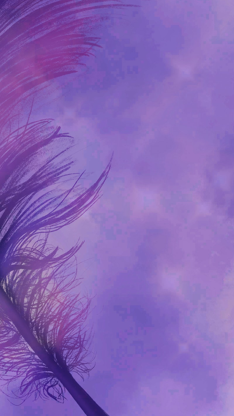 A purple and blue image with a palm tree and a purple feather. - Violet, purple, feathers
