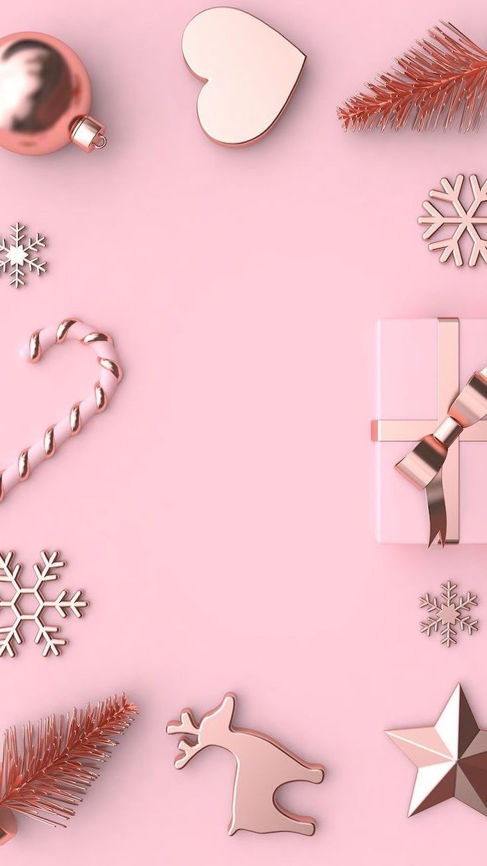 Pink background, christmas wallpaper, rose gold decorations, christmas tree, gift box - Snowflake, Christmas, deer, pink, flat lay