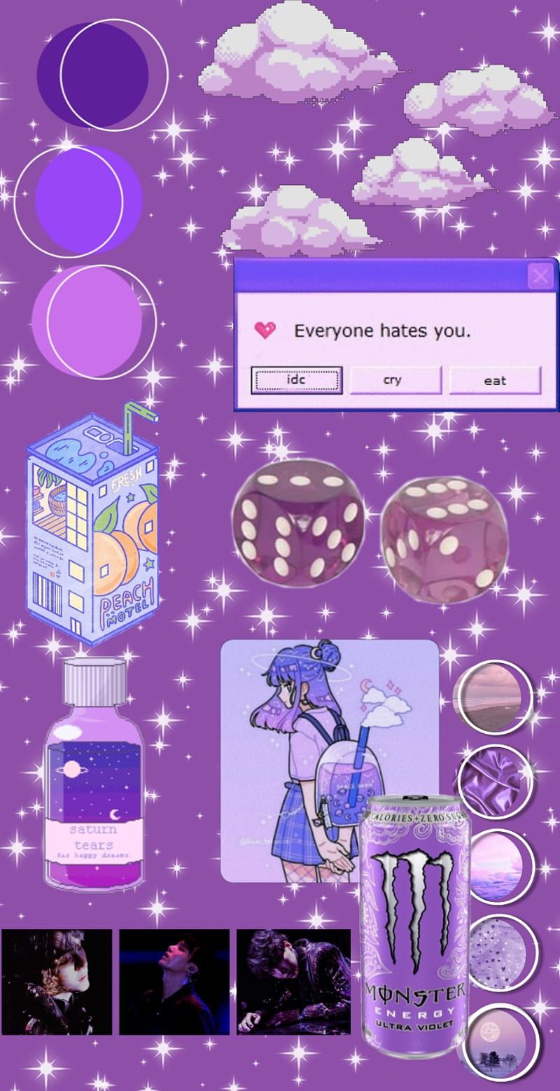 Aesthetic purple background with pictures of a girl, dice, a drink, and a purple and white monster - Cute purple, purple