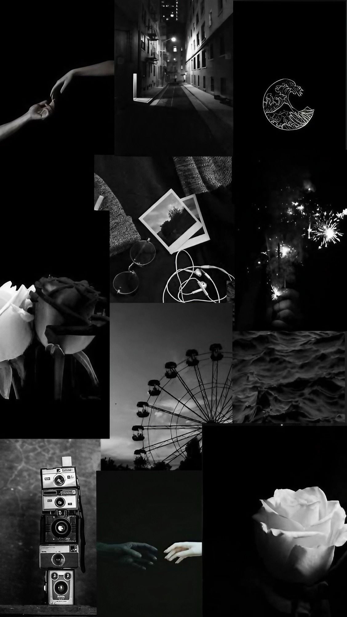 Black and white aesthetic wallpaper, photography, polaroid, moon, ferris wheel, rose, camera, hand, street, night, dark, stars, for phone and desktop backgrounds. - Black and white, black