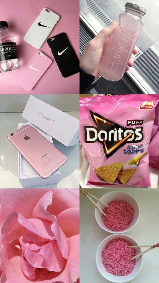 A collage of a pink phone, pink water bottle, pink chips, pink flower, and pink noodles. - Doritos, pink, Nike