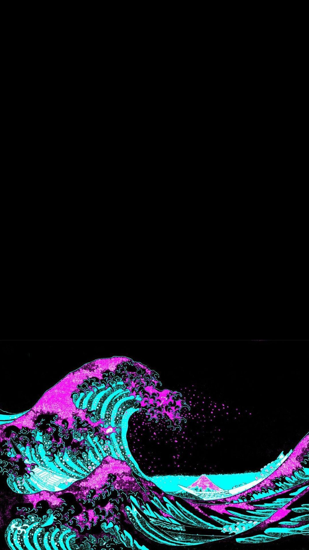 Aesthetic phone wallpaper with neon pink and blue waves - Dark vaporwave, neon, black, The Great Wave off Kanagawa