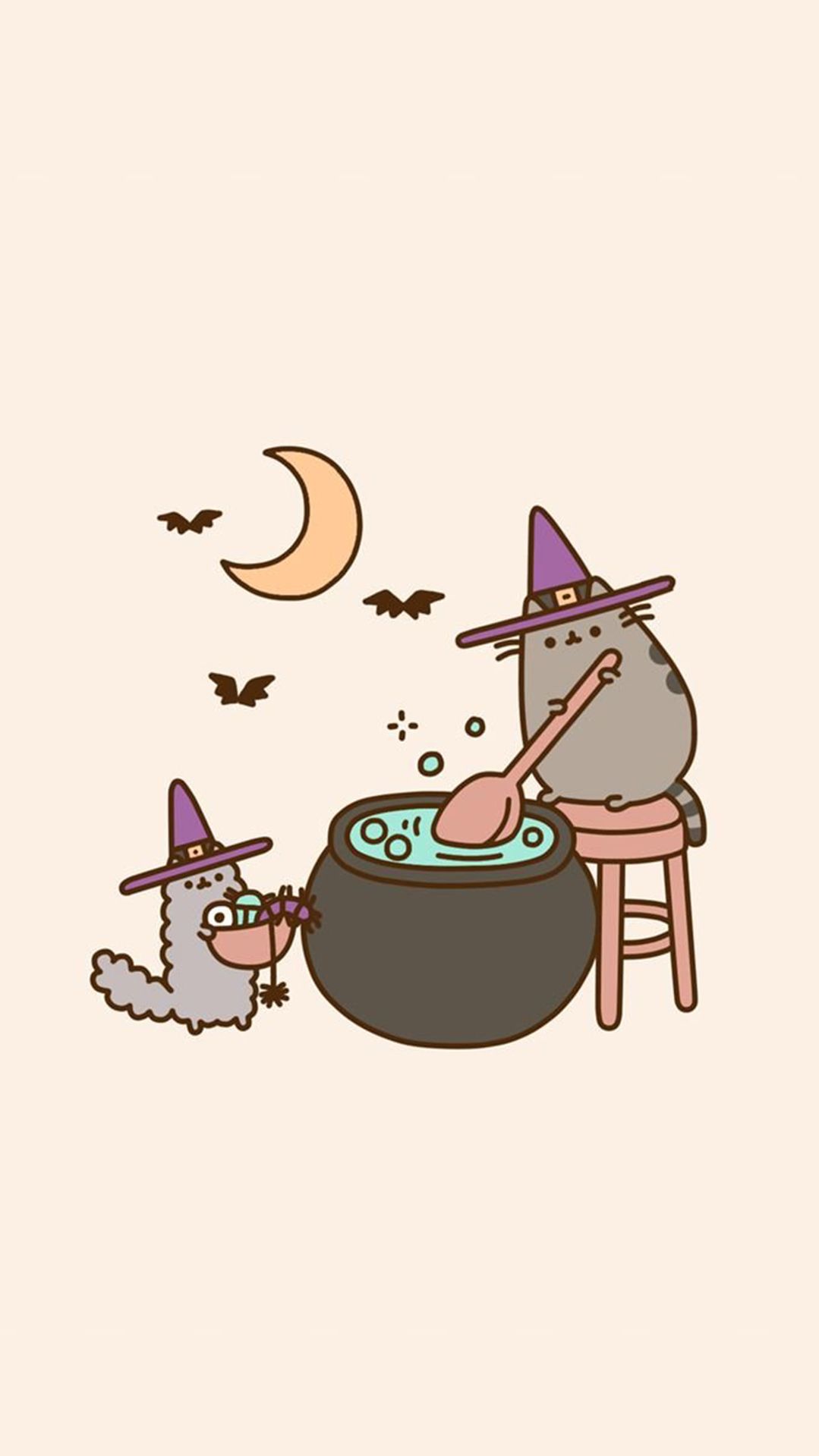 A cat and dog in witch hats sitting at the table - Pusheen, witch, cute