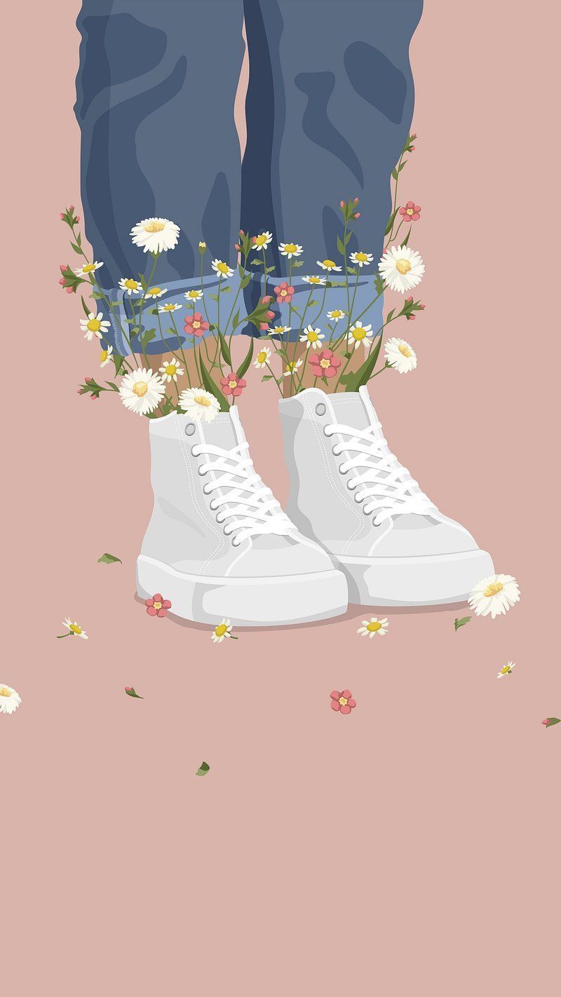 Illustration of a person wearing white sneakers with flowers - Cute, illustration, Converse, April, shoes