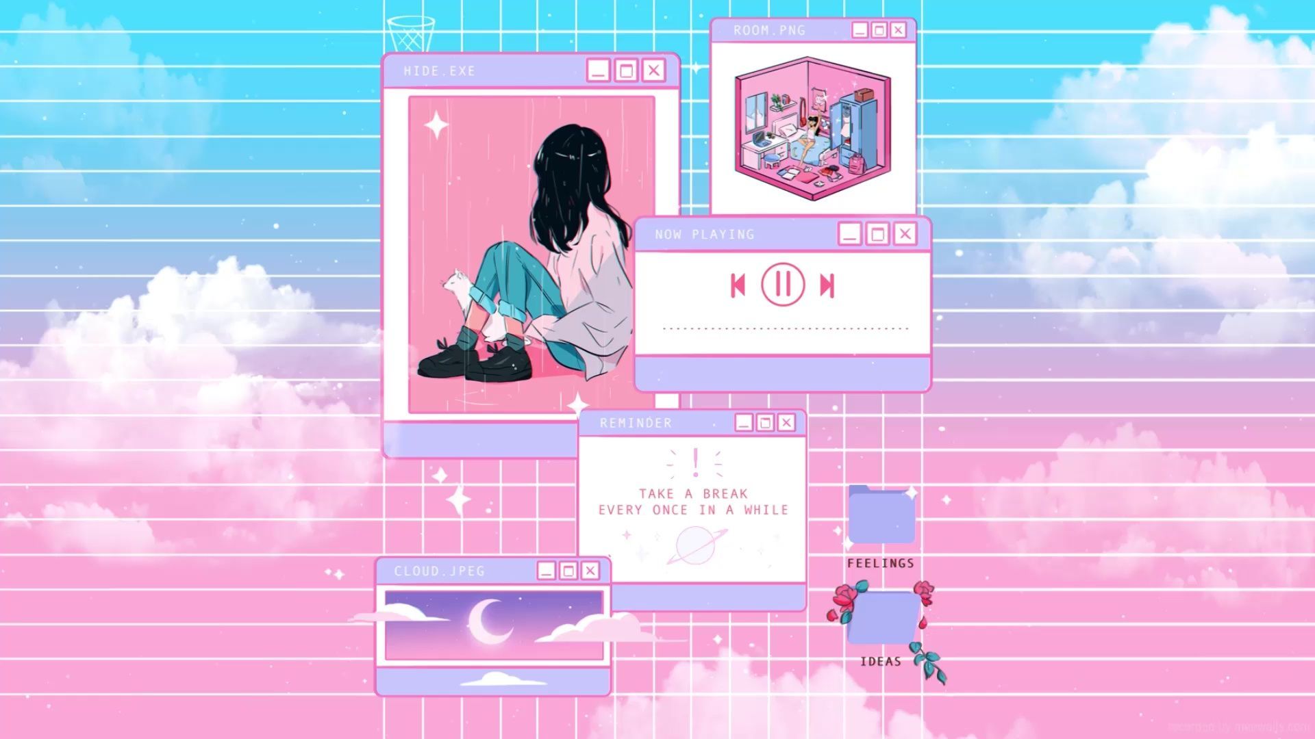 Aesthetic wallpaper with a girl sitting on the roof - Pink, Windows 10