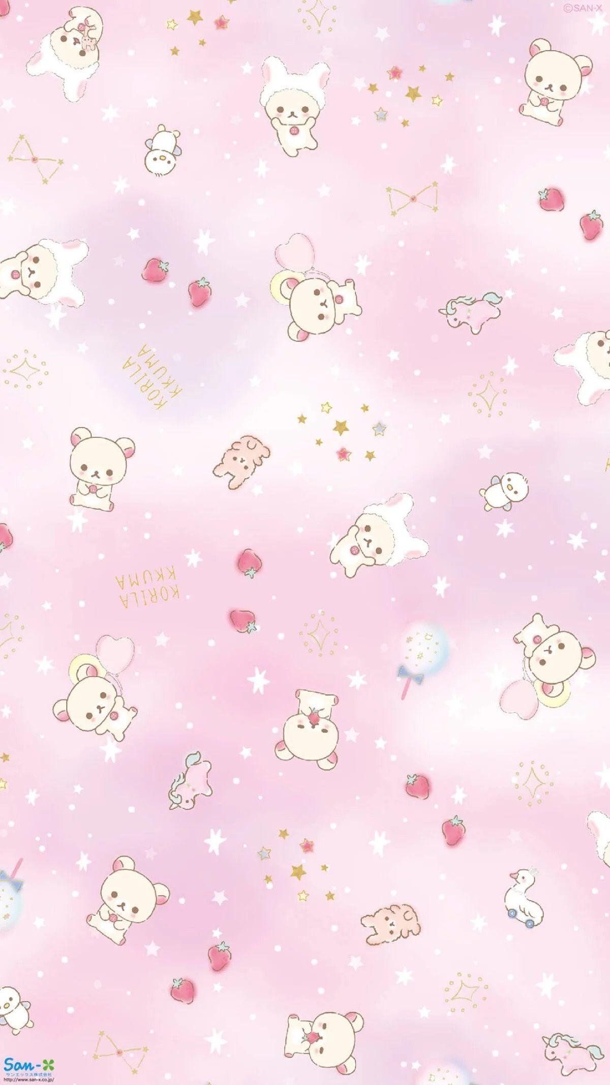 A pink background with cute white bears, stars, and hearts. - Pink, cute