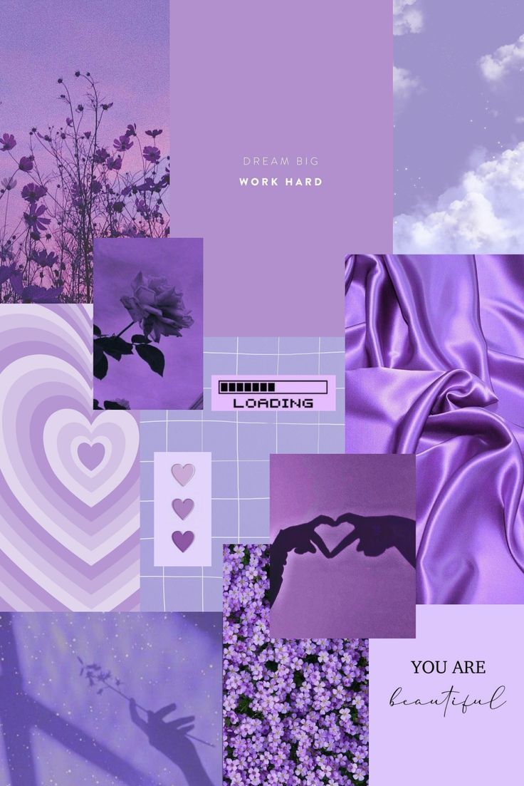 Aesthetic purple background with a variety of images such as flowers, a heart, and the words 