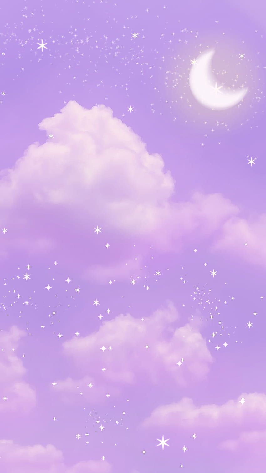 Aesthetic phone background of a purple sky with white clouds, stars, and a white crescent moon - Purple