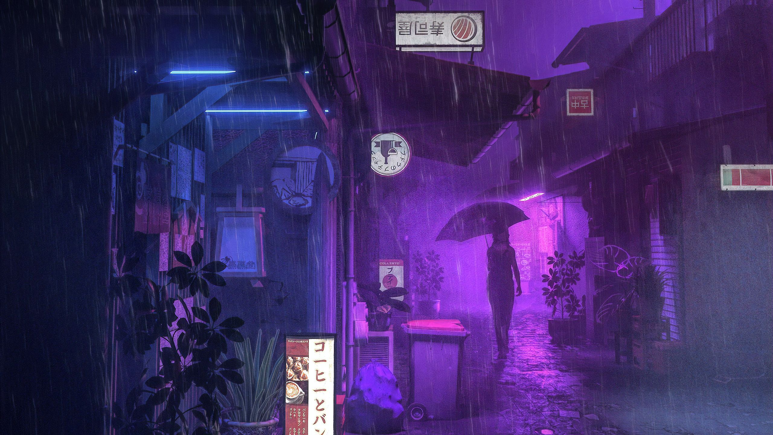 A woman with an umbrella walks down a purple neon-lit alleyway in the rain. - Purple