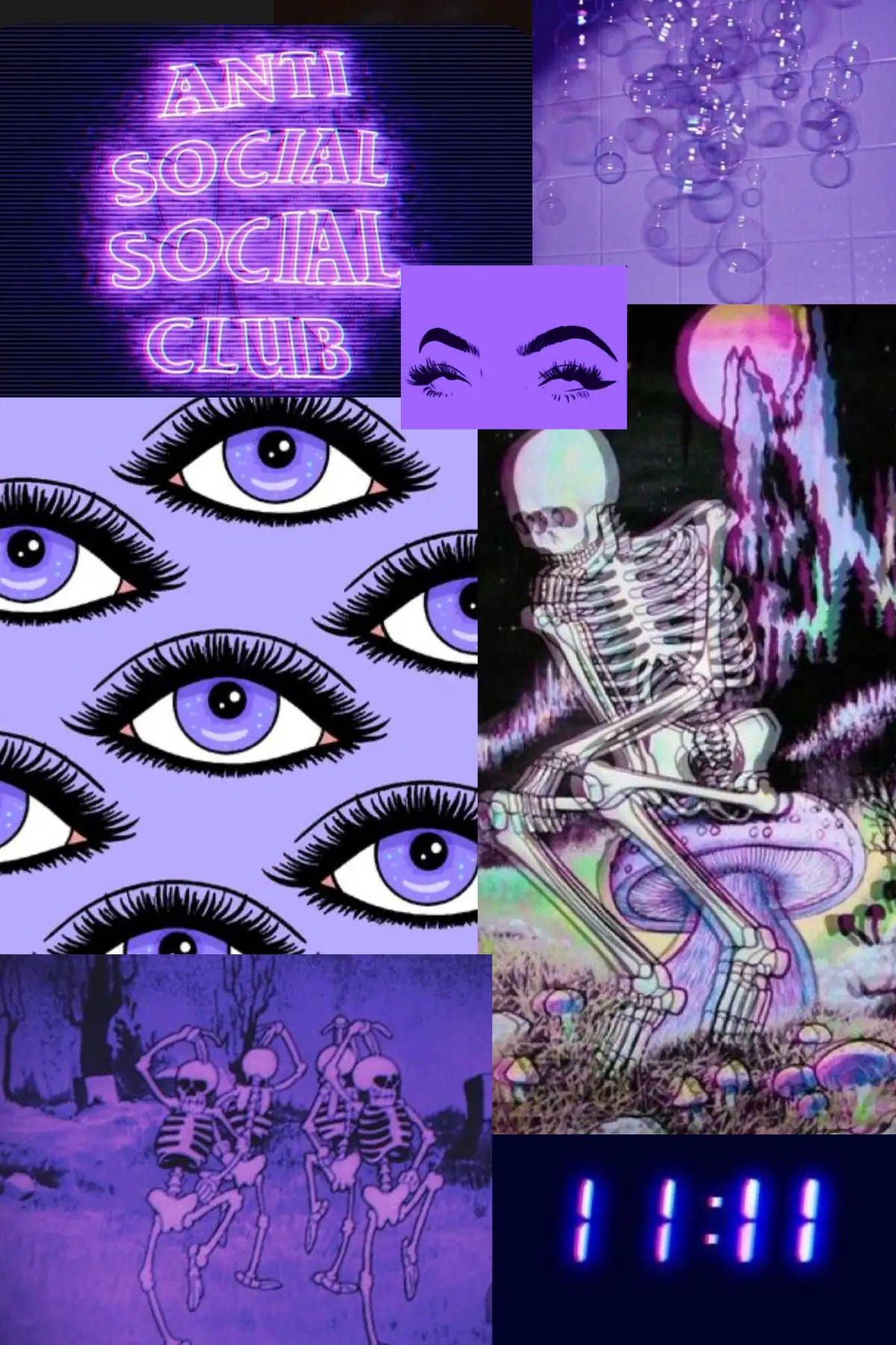Aesthetic background of purple and black, with a collage of eyes, skeletons, and the words 