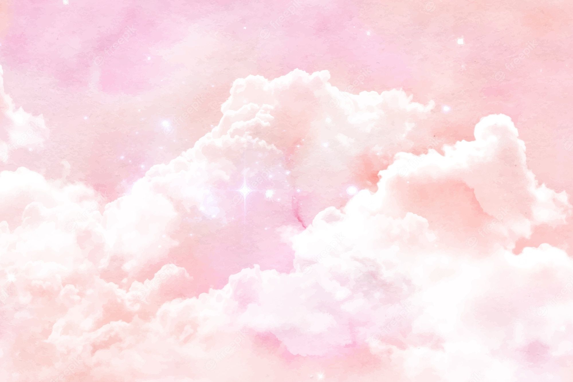 A pink and white watercolor sky with clouds and stars. - Pink, watercolor, cloud