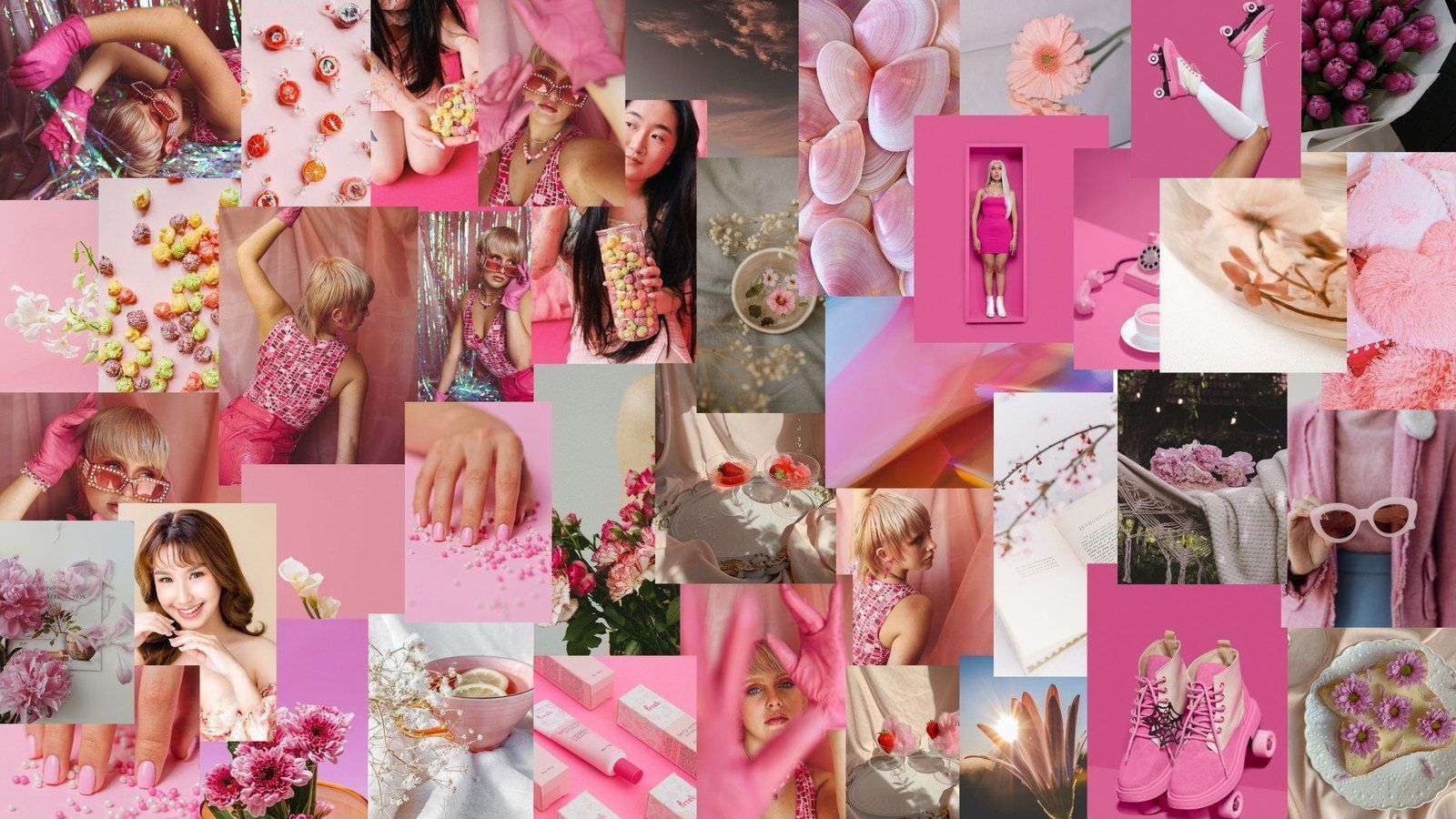 A collage of pink photos including flowers, people, and other items. - Pink, cute pink, light pink