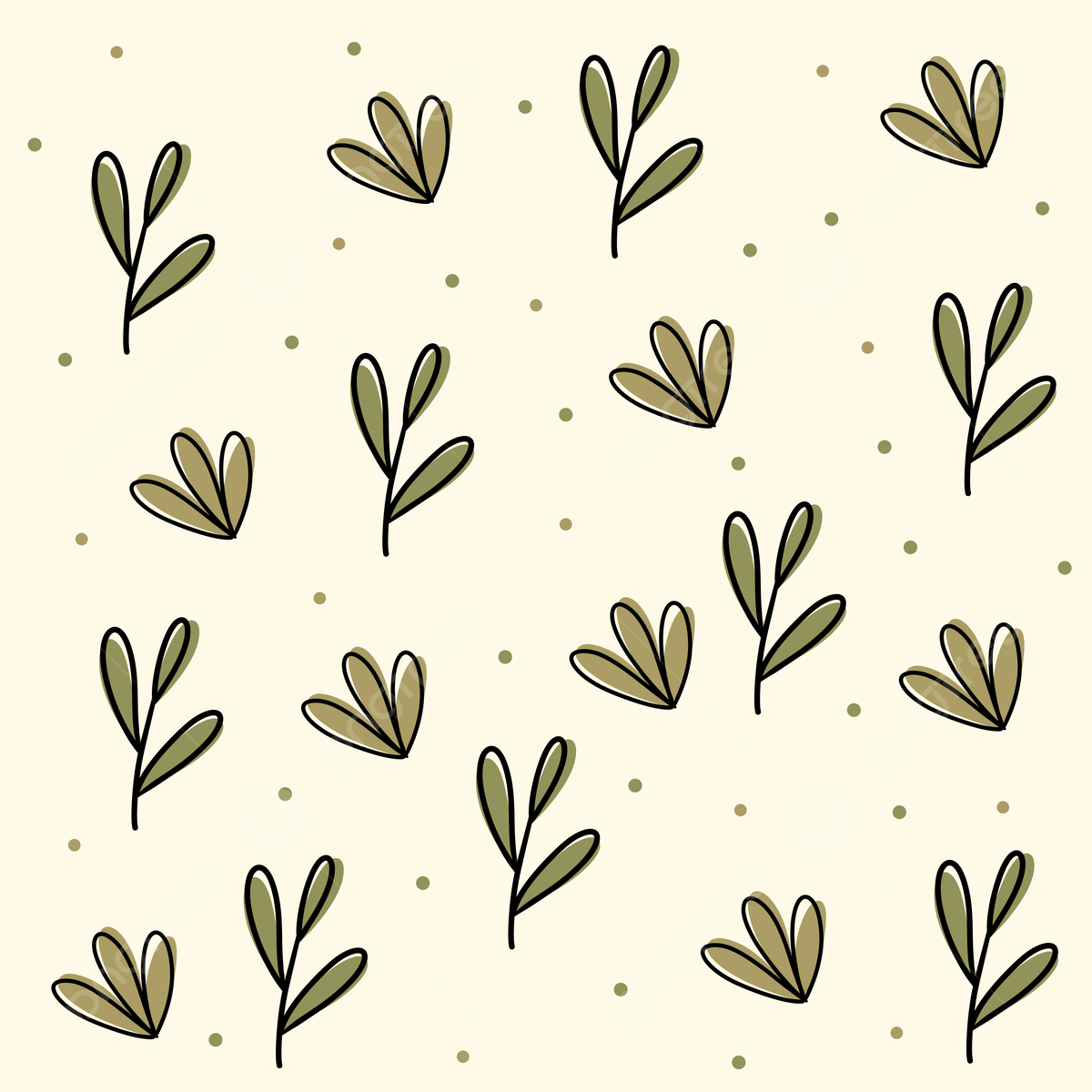 A pattern of olive green leaves and dots on a light yellow background - Cute, pretty