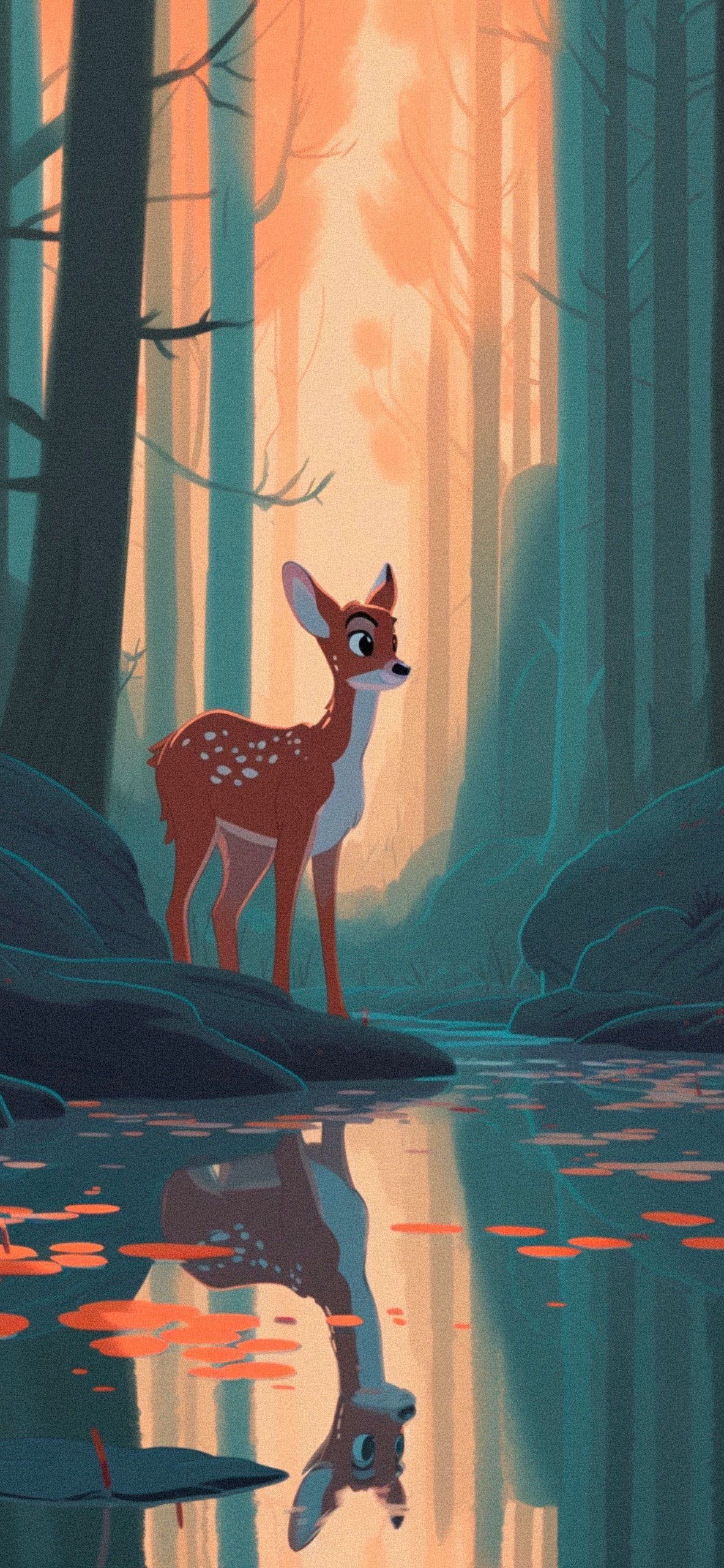 A fawn stands in a forest, with a reflection in the water. - Cute, pretty, deer