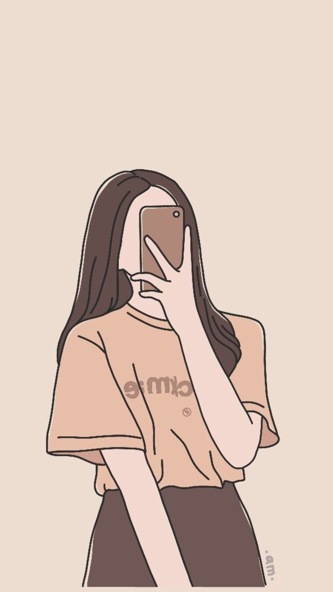Drawing of a girl with brown hair holding a phone in front of her face aesthetic backgrounds - Cute