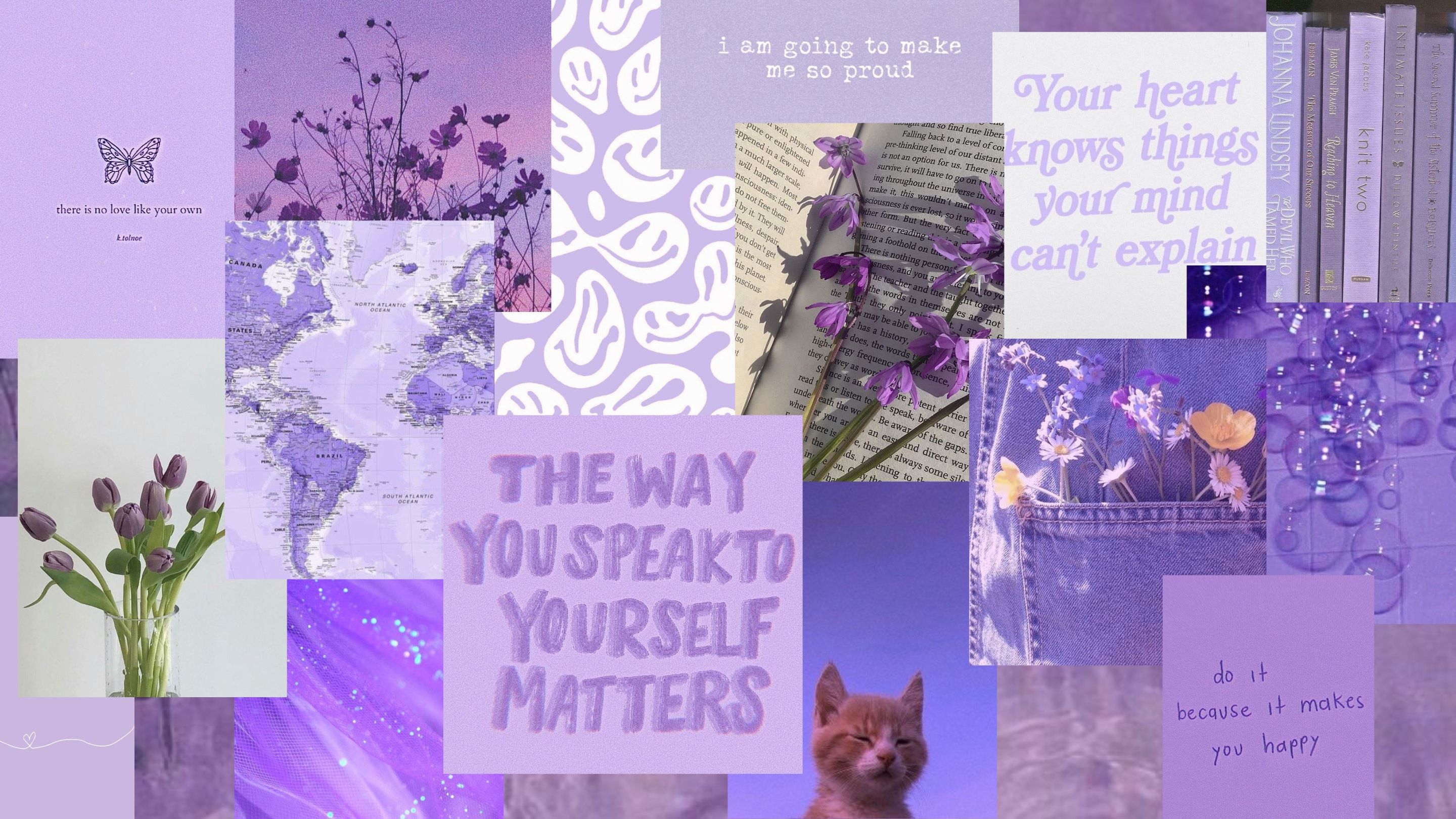 A collage of purple aesthetic images with a cat, flowers, books, and a quote. - Computer, purple