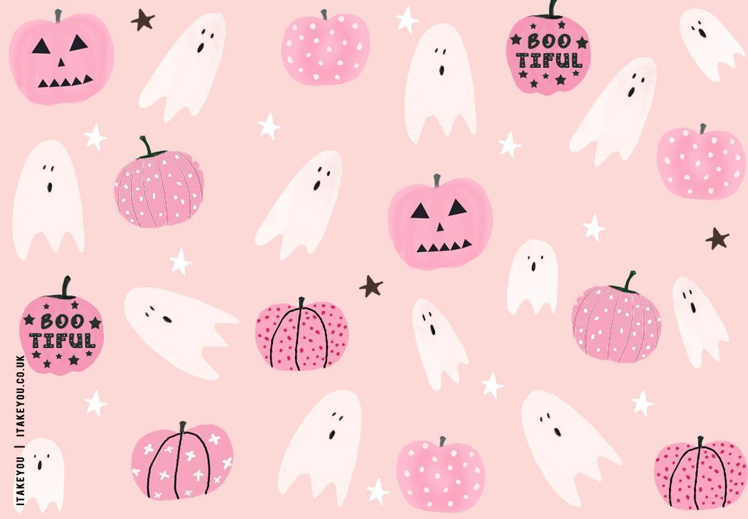 A cute and girly halloween wallpaper with pumpkins and ghosts - Halloween desktop, pink