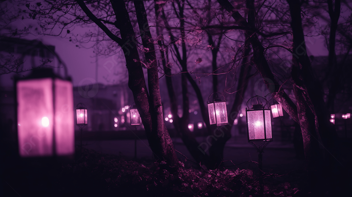 Several Purple Lit Lanterns In The Night Near Trees Background, Aesthetic Light Purple Picture Background Image And Wallpaper for Free Download