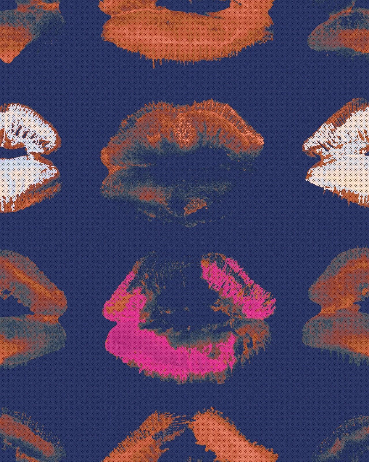 A navy blue wallpaper with a pattern of lips in different shades of red, pink, and orange. - Indigo, neon orange