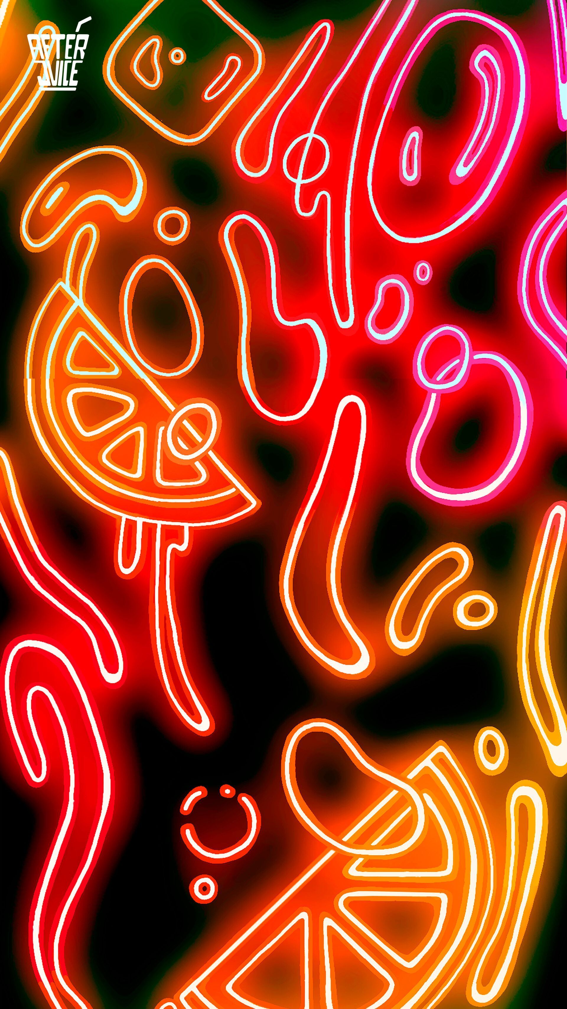 An abstract neon illustration of fruit and animals. - Neon orange