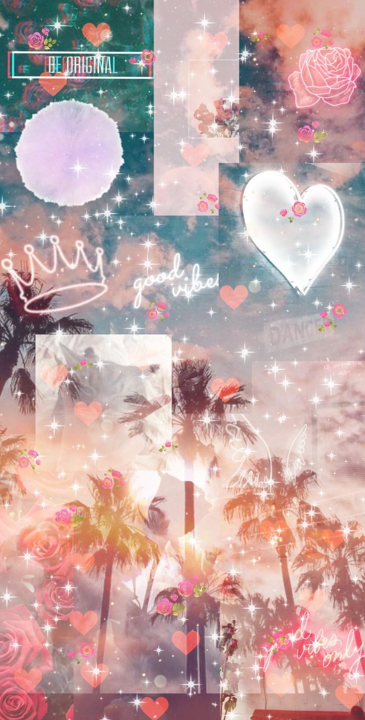 Aesthetic background with palm trees, hearts, stars, and the words 