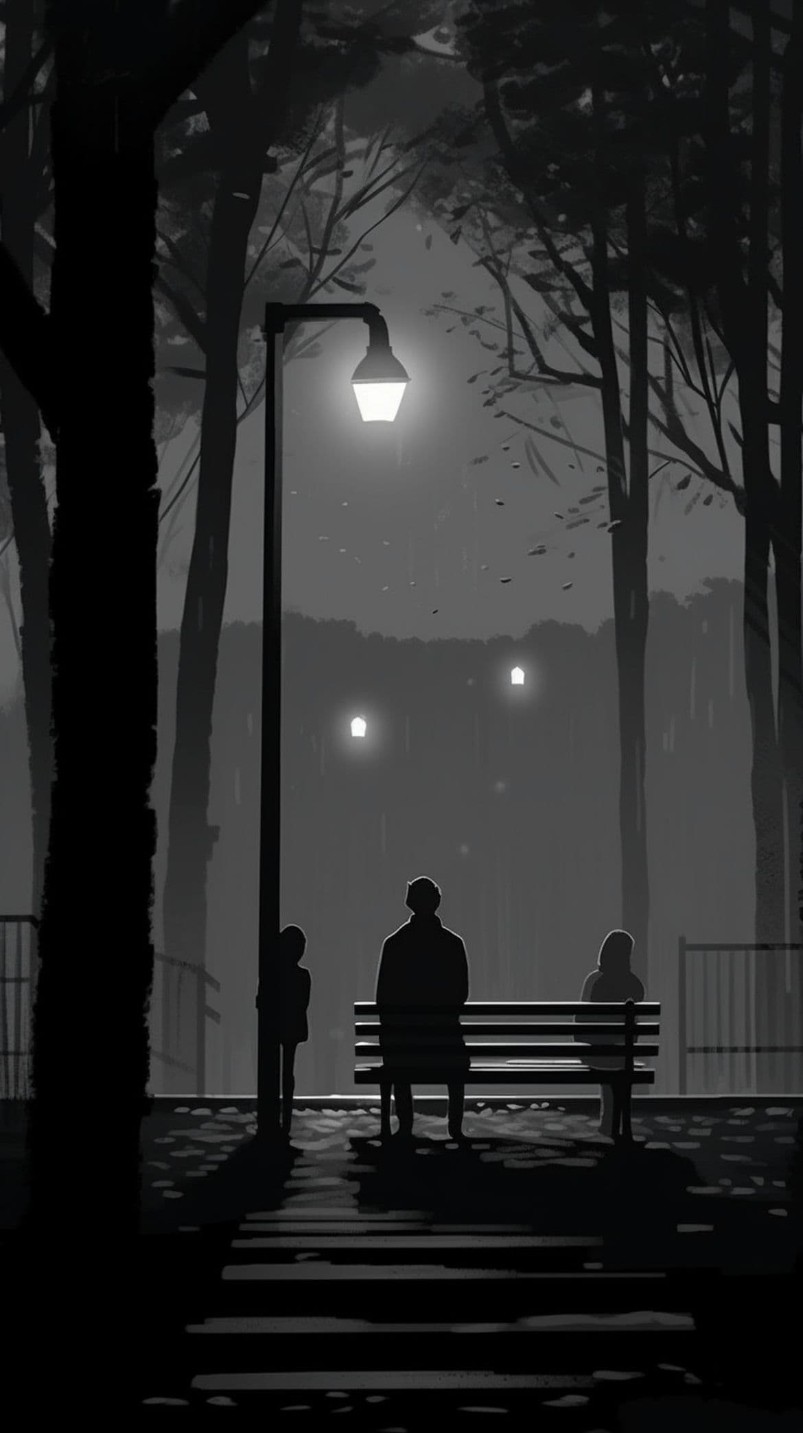 The picture shows a man sitting on a bench in a park at night. The picture is in black and white, and the park is surrounded by trees. - Black, black phone