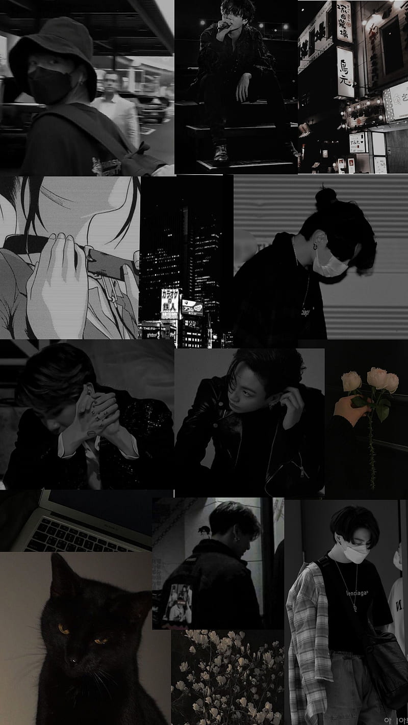 Aesthetic collage of black and white photos of Jisung, a black cat, and a city at night - Black, Jungkook