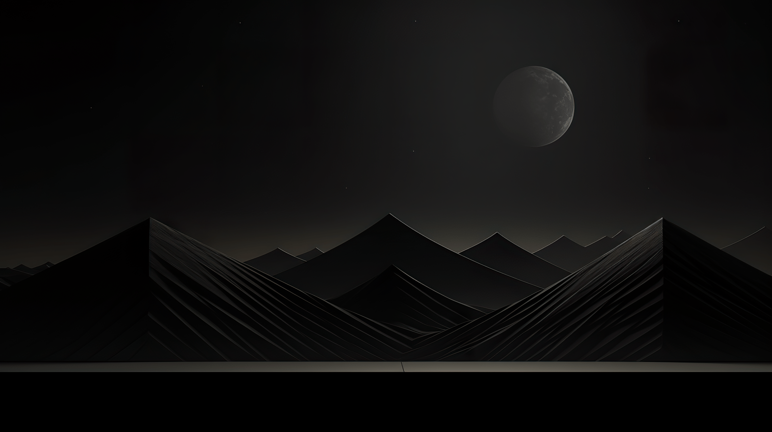 The image is a wallpaper with a dark background and a half-moon on the right. - Black