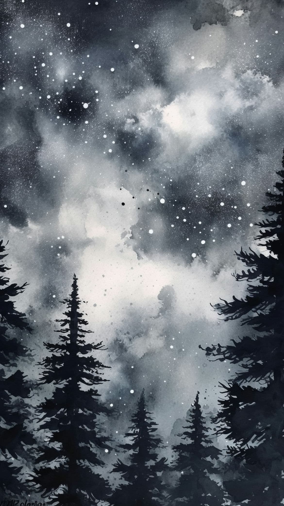 A black and white watercolor painting of a starry night sky with pine trees. - Black, black phone, gray