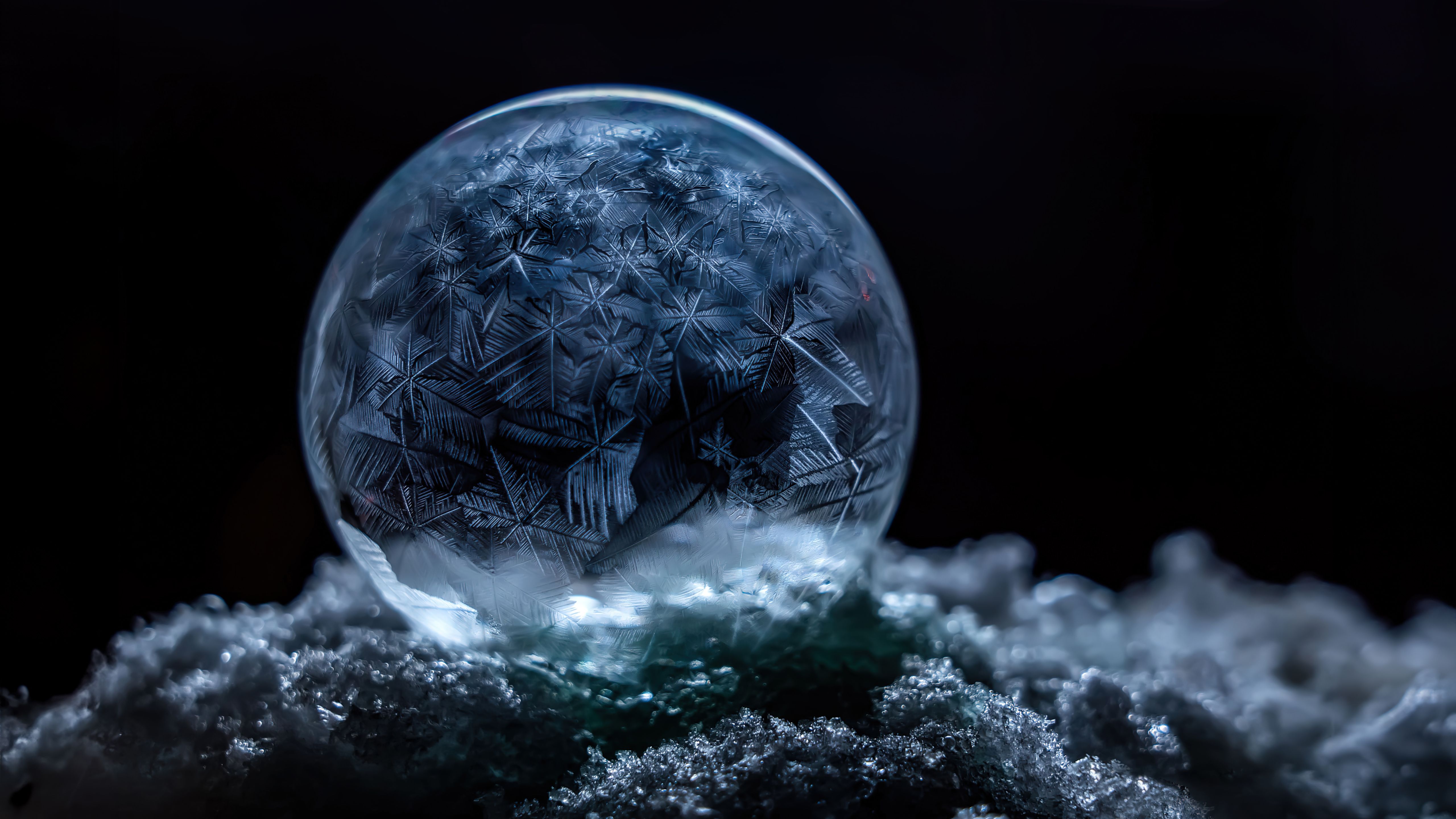 A bubble is frozen in a pile of snow. - Black