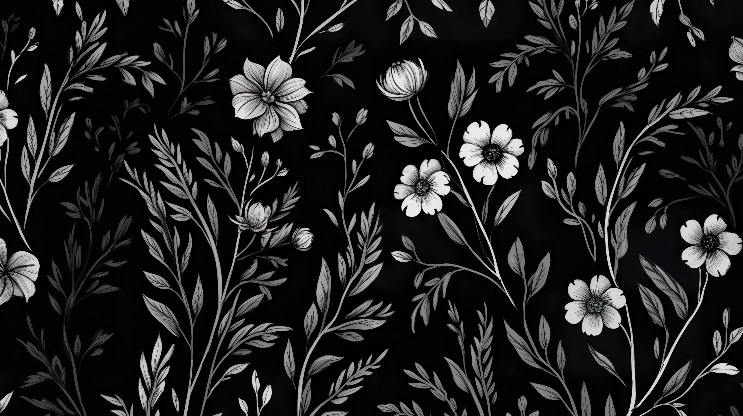 A black and white pattern of flowers and leaves - Black, gray, botanical, design