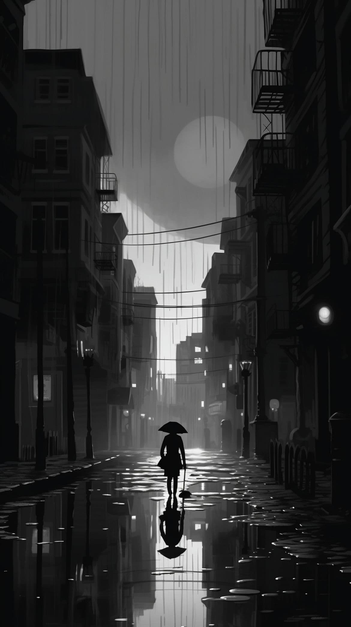 Black and white illustration of a person walking down a street in the rain - Black