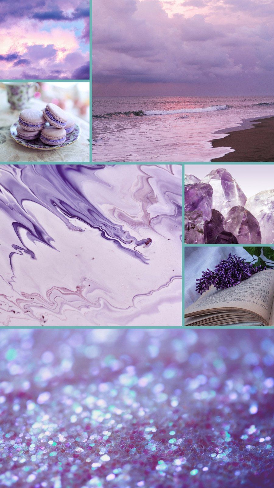 A collage of purple images including a beach, crystals, and glitter. - Violet, purple, cute purple