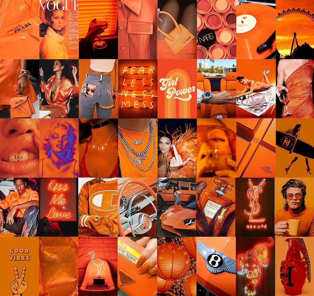 Orange aesthetic collage kit with 30 photos, 2021. - Dark orange, neon orange