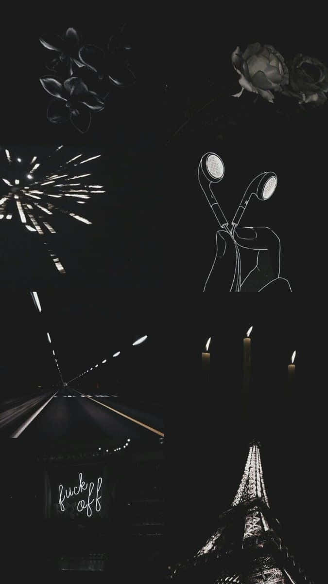 Aesthetic phone backgrounds, black background with white drawings of a hand holding a camera, fireworks and roses - Black