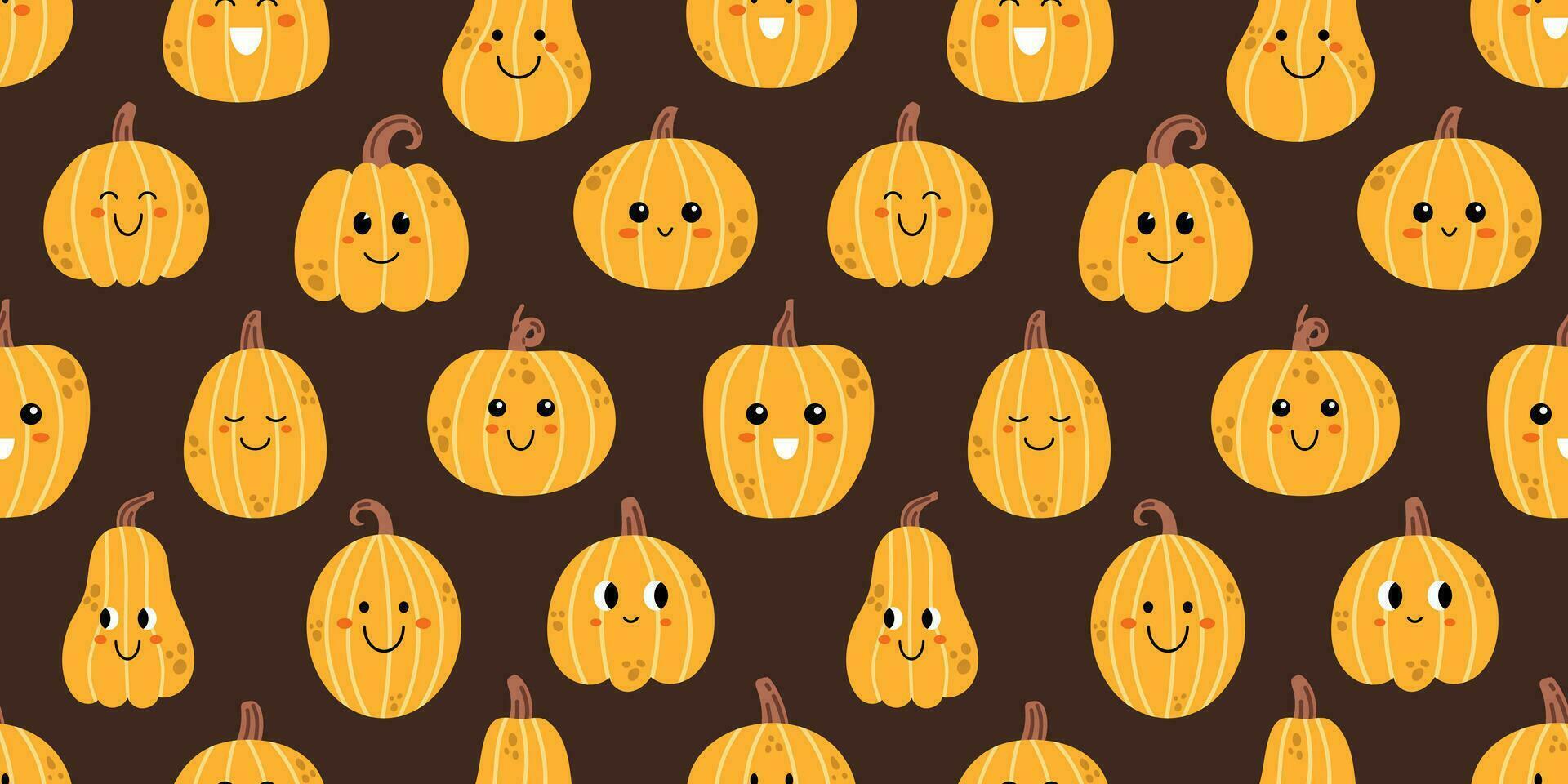 Vector autumn seamless pattern with cute pumpkins. Yellow smiling pumpkins on dark brown background. Thanksgiving or Halloween seamless pattern with cute pumpkins. Fall print in flat design
